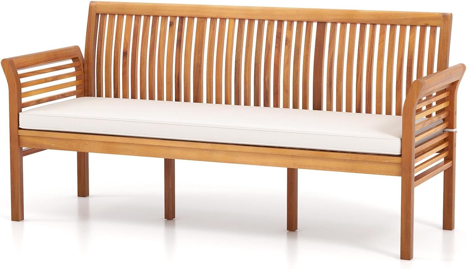 COSTWAY Wooden Outdoor Bench with White Cushion, Garden Bench with Curved Armrest & Slatted Back for Patio, Park & Porch, 23”x 62.5”x30.5”
