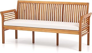 COSTWAY Wooden Outdoor Bench with White Cushion, Garden Bench with Curved Armrest & Slatted Back for Patio, Park & Porch, 23”x 62.5”x30.5”