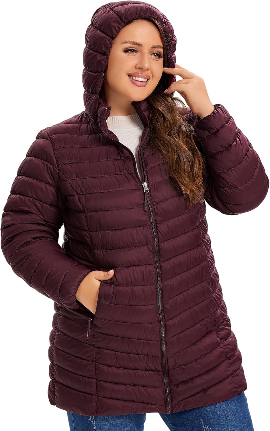 SLOW DOWN Womens Plus Size Lightweight Puffer Jacket, Womens Packable Winter Jacket, Womens Puffy Jacket with Detachable Hood - Image 2