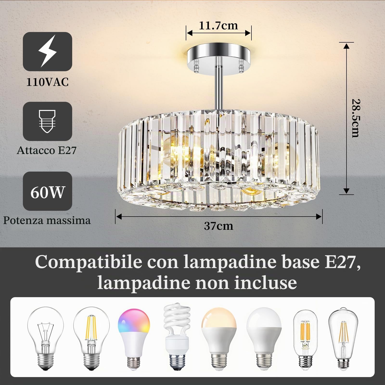 FRIDEKO HOME Moderna plafoniera in cristallo cromato, 4 fiamme grande lampadario rotondo cristallo paralume metallo soffitto E27 per camera da letto, soggiorno, sala da pranzo, cucina, corridoio, Ø37