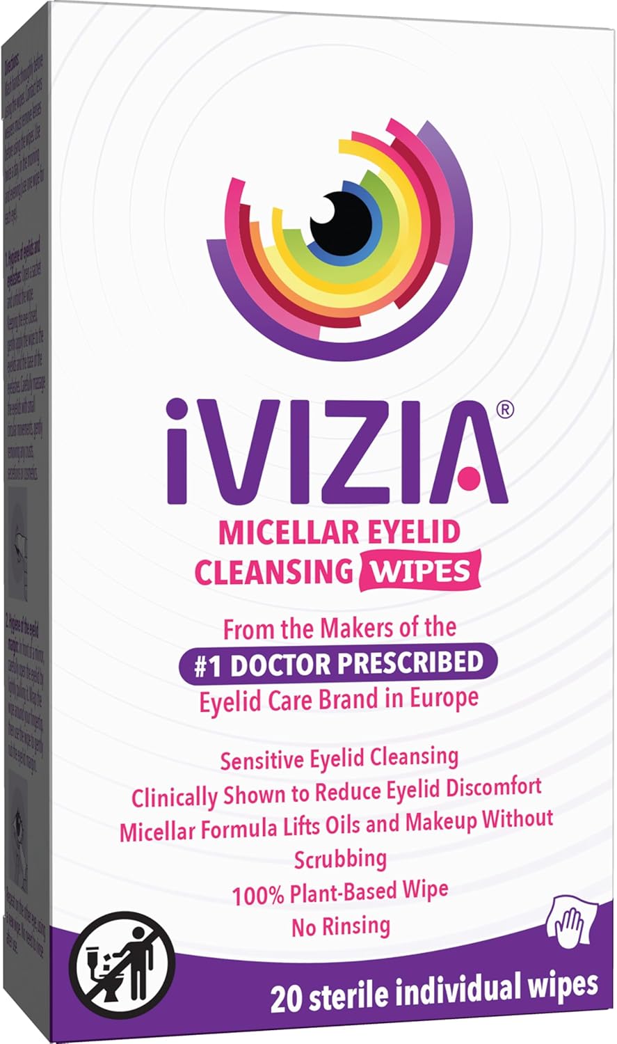 iVIZIA Eyelid Cleansing Wipes for Sensitive Eyelid Cleansing, Preservative-Free, Micellar, No Rinse, Gentle Eye Makeup Remover, 20 Sterile Single-Use Wipes for Eyelids Packaging May Vary