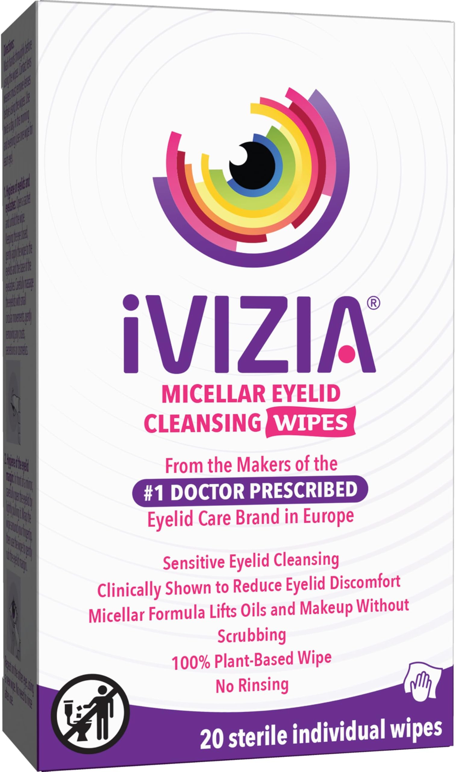 Eyelid Cleansing Wipes for Sensitive Eyelid Cleansing, Preservative-Free, Micellar, No Rinse, Gentle Eye Makeup Remover, 20 Sterile Single-Use Wipes for Eyelids