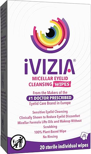 iVIZIA Toallitas limpiadoras de párpados para limpieza de párpados sensibles, sin conservantes, micelar, sin enjuague, removedor de maquillaje suave