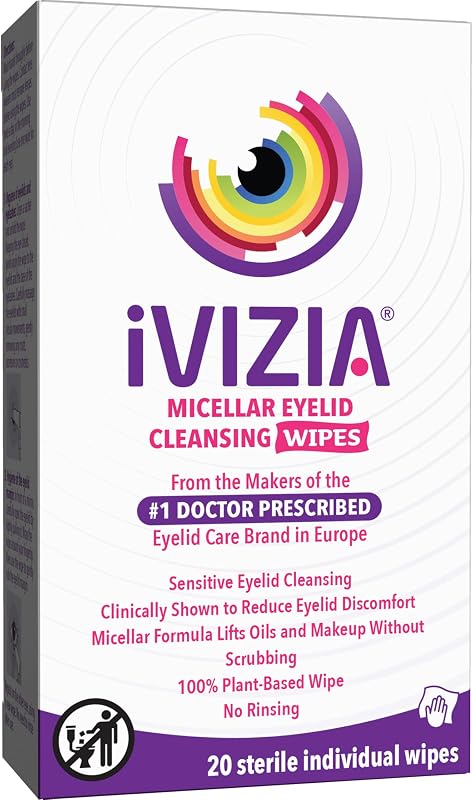 iVIZIA Toallitas limpiadoras de párpados para limpieza de párpados sensibles, sin conservantes, micelar, sin enjuague, desmaquillante de ojos suave, 20 toallitas estériles de un solo uso para párpados El embalaje puede variar