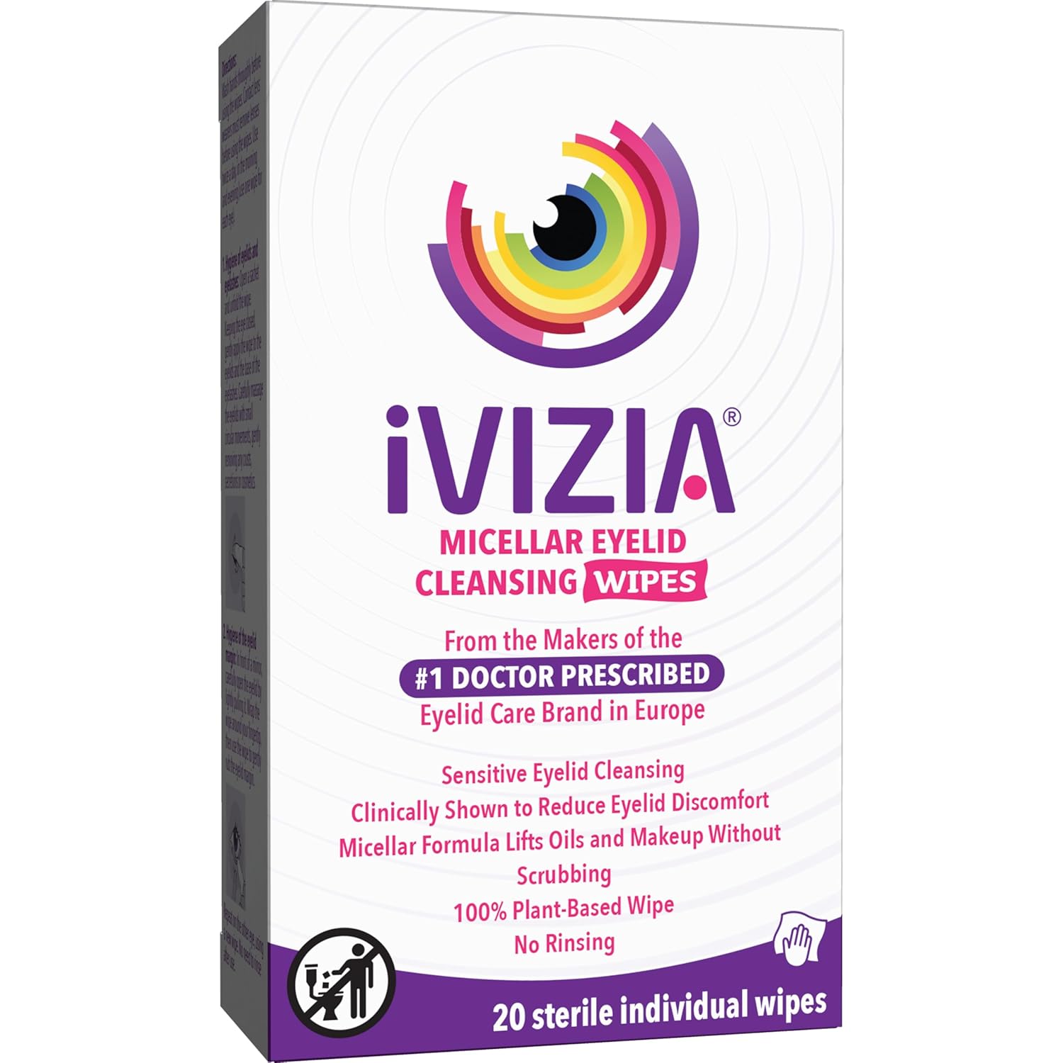 iVIZIA Eyelid Cleansing Wipes for Sensitive Eyelid Cleansing Preservative-Free Micellar No Rinse Gentle Eye Makeup Remover 20 Sterile