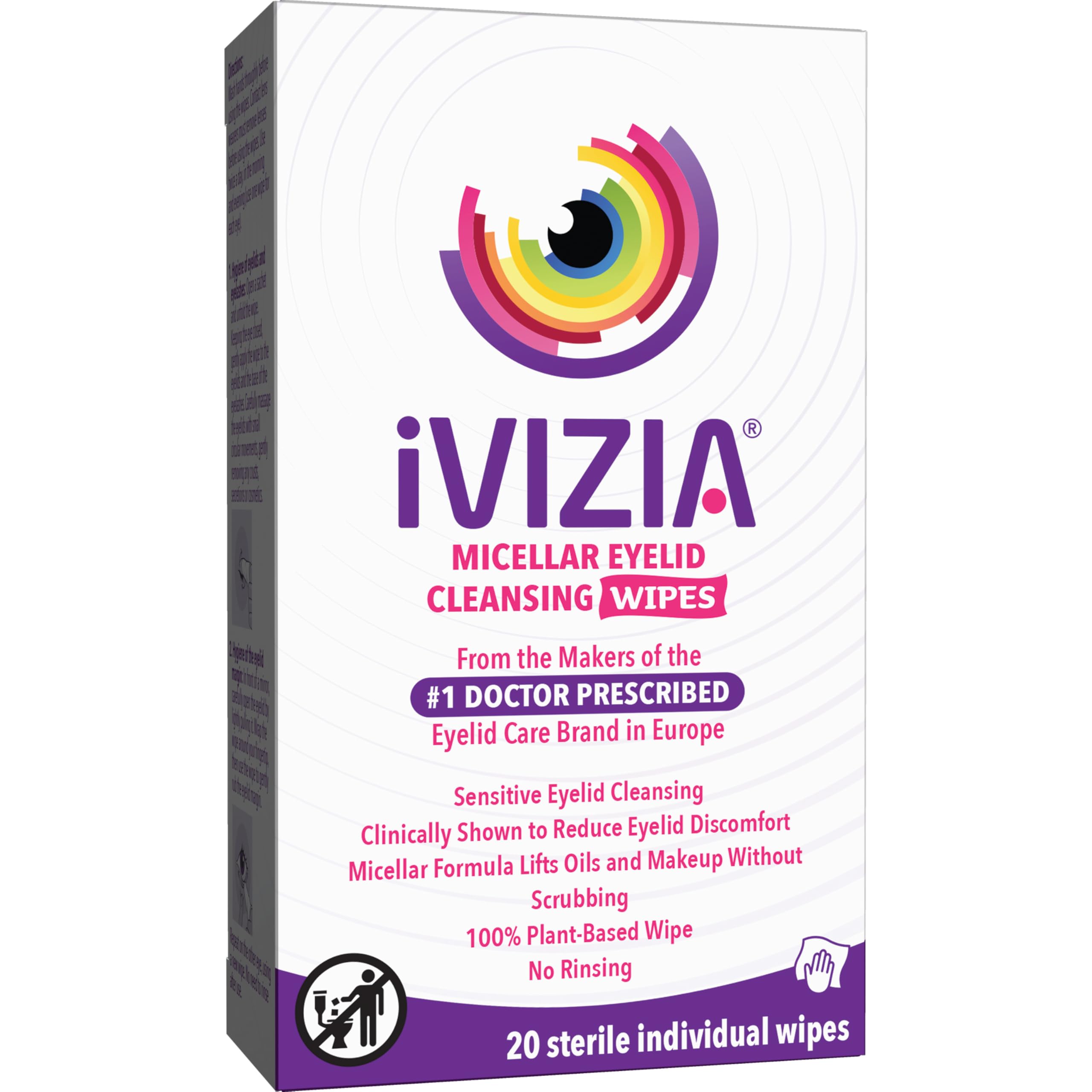 iVIZIAEyelid Cleansing Wipes for Sensitive Eyelid Cleansing, Preservative-Free, Micellar, No Rinse, Gentle Eye Makeup Remover, 20 Sterile Single-Use Wipes for Eyelids Packaging May Vary