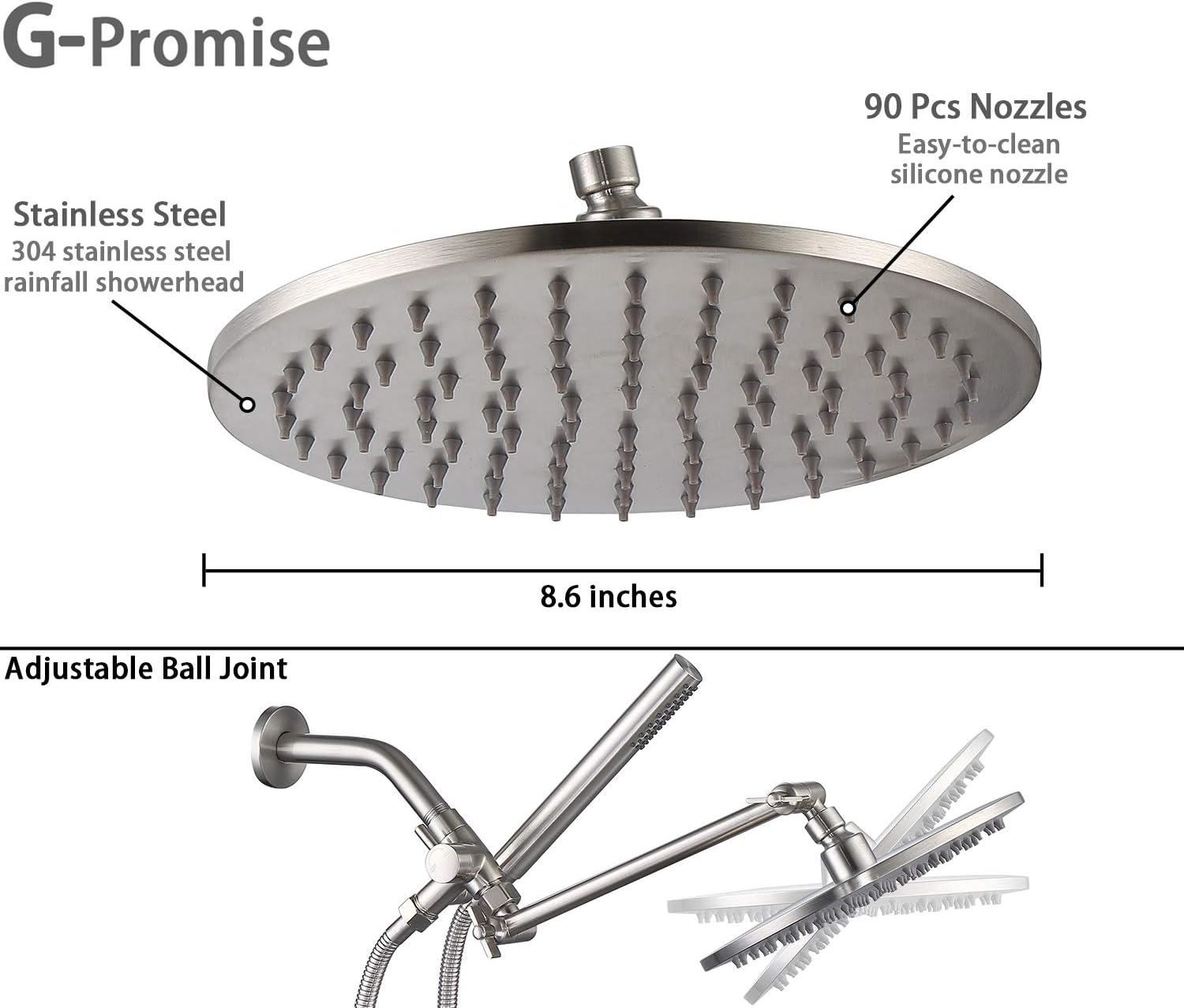 G-Promise All Metal Dual Shower Head Combo, 8 Inch Rainfall Shower Head, Handheld Spray Wand, Smooth 3-Way Diverter, with Adjustable Extension Arm, 71 Inches Long Hose (Brushed Nickel)