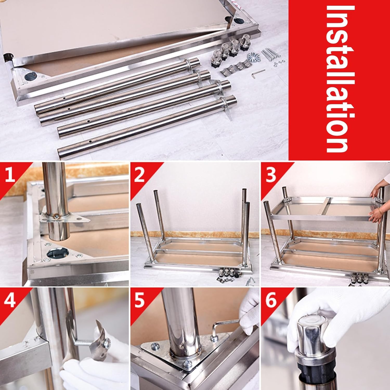 3段作業台 業務用キッチン多機能準備テーブル 頑丈なステンレススチール製メタルテーブル オープン収納棚付き 調節可能な脚付き 幅広い