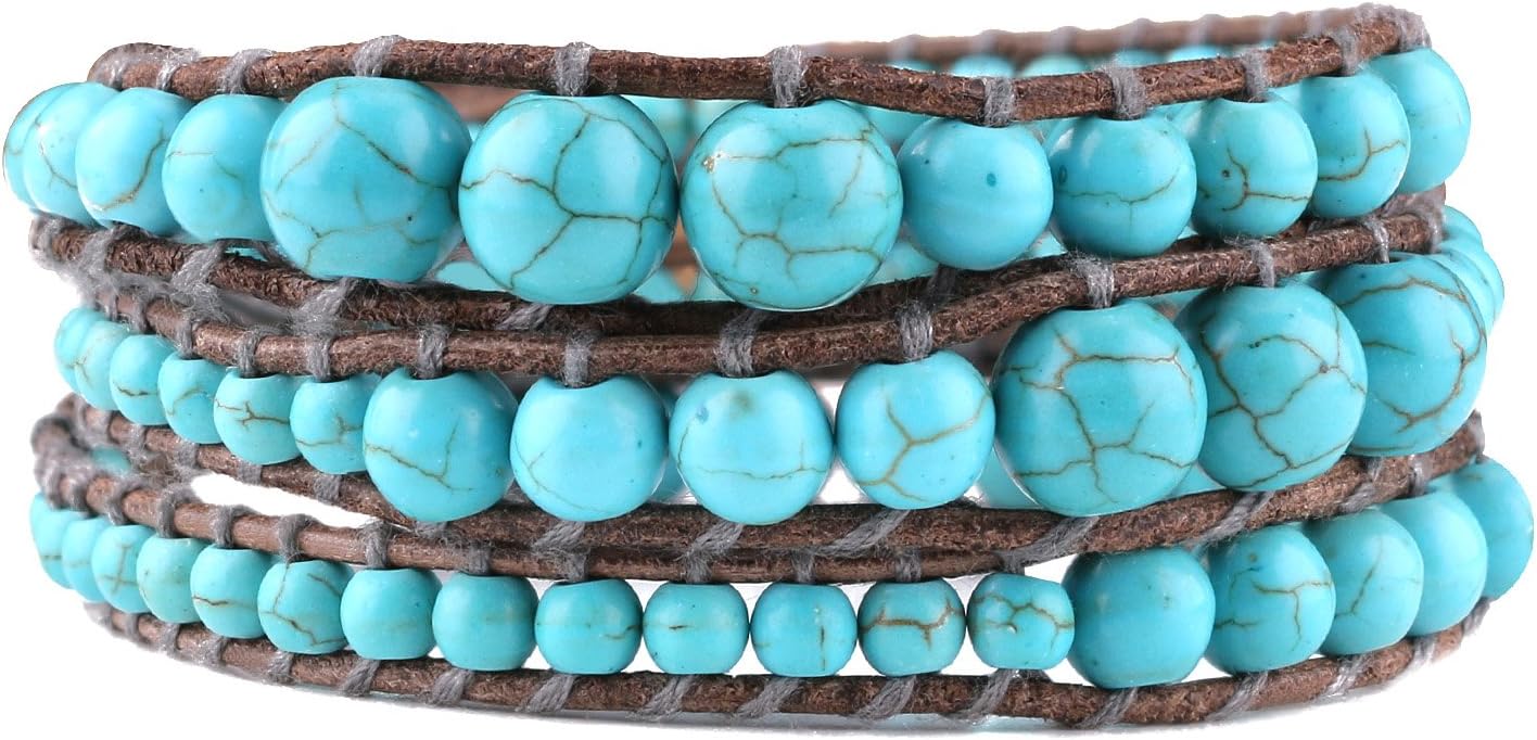 CยทQUAN CHILeather Bracelet Women Bracelets 3 Wrap Strand Bracelet Nature Stone Blue Turquoise Beads Handcrafted Waxed Leather Bracelet All Occasion Suitable