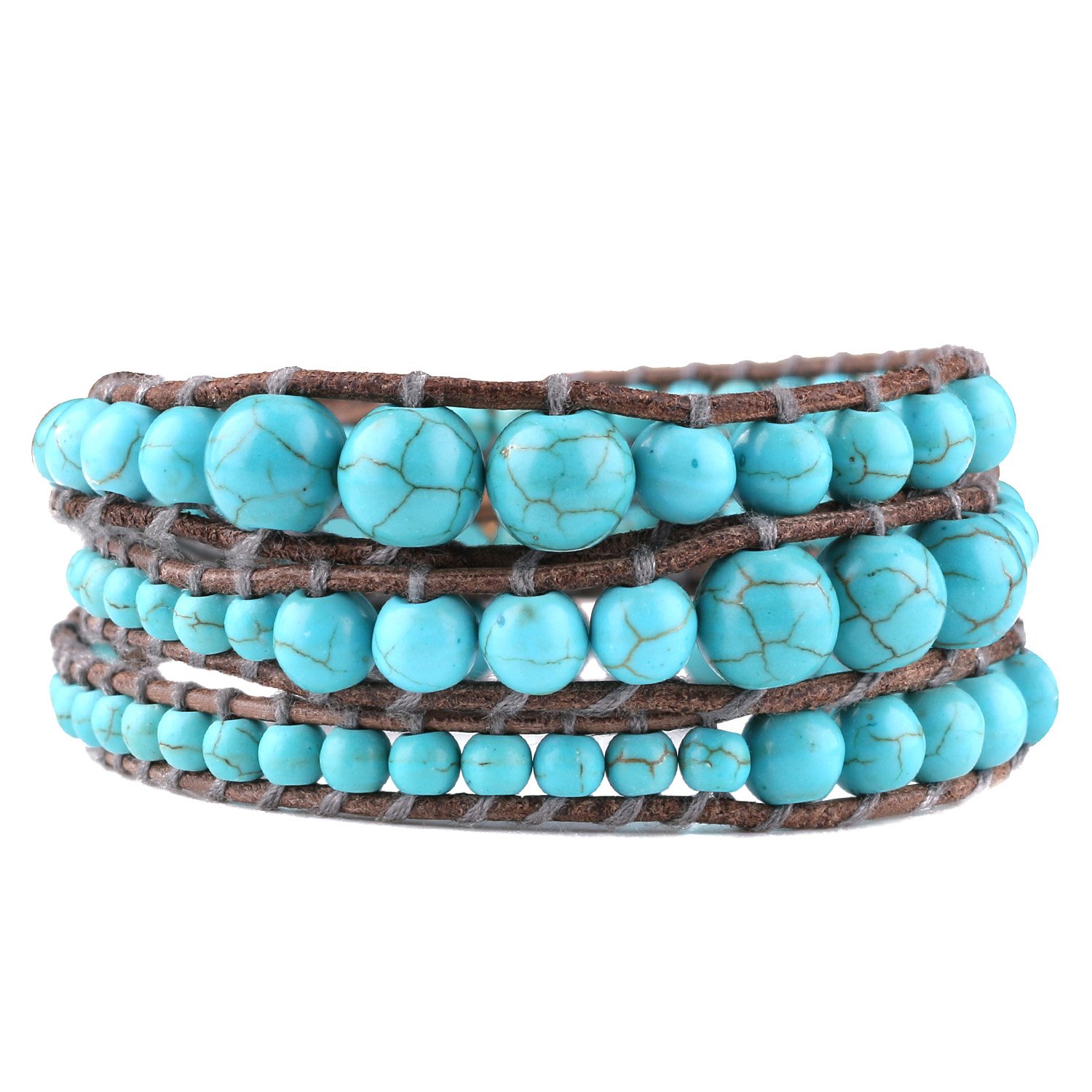 C·QUAN CHILeather Bracelet Women Bracelets 3 Wrap Strand Bracelet Nature Stone Blue Turquoise Beads Handcrafted Waxed Leather Bracelet All Occasion Suitable