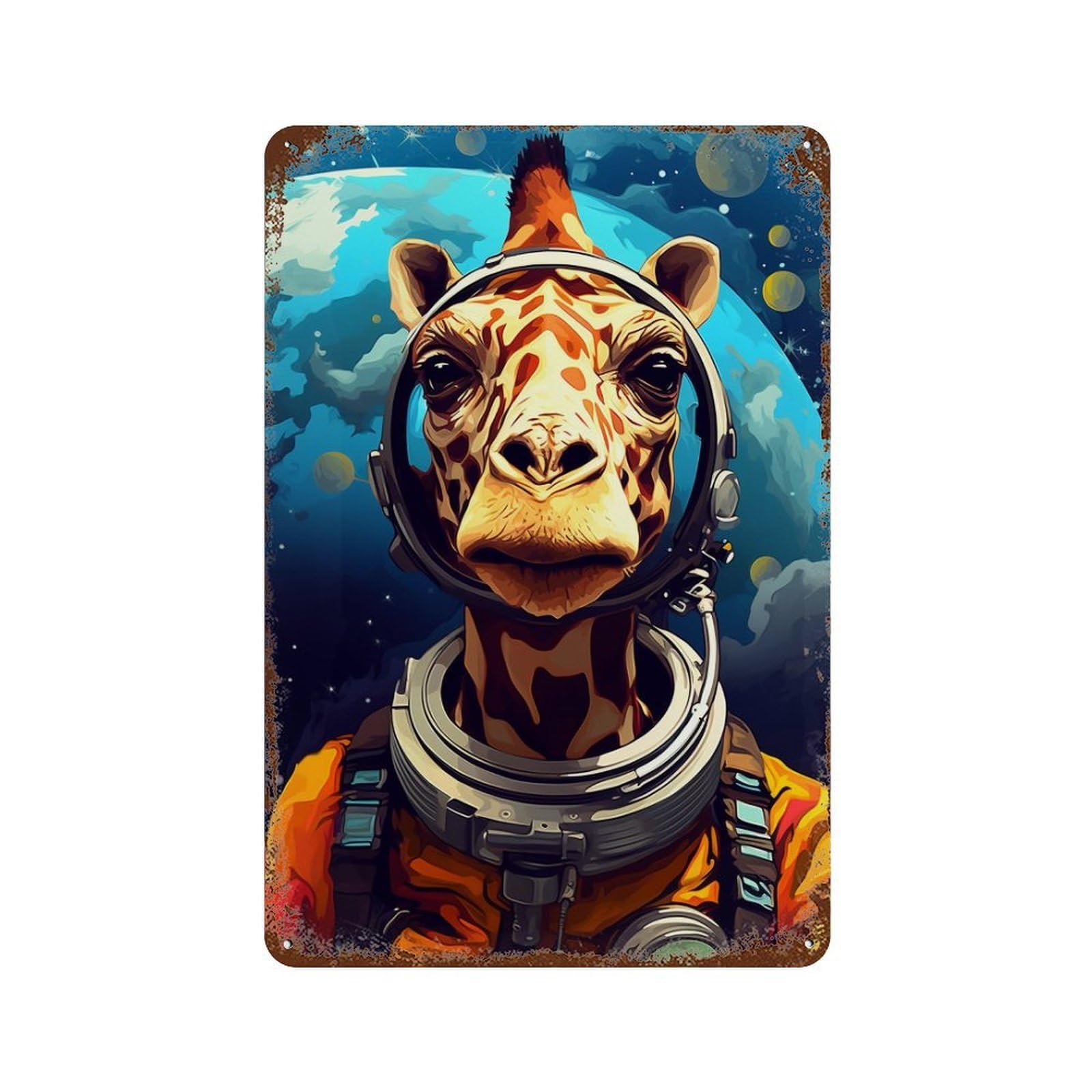 Giraffe Astronaut in Space Suit-1 Weathered Tin Sign 11.8"x7.9", Farmhouse Wall Decor for Garage, Pub Or Kitchen