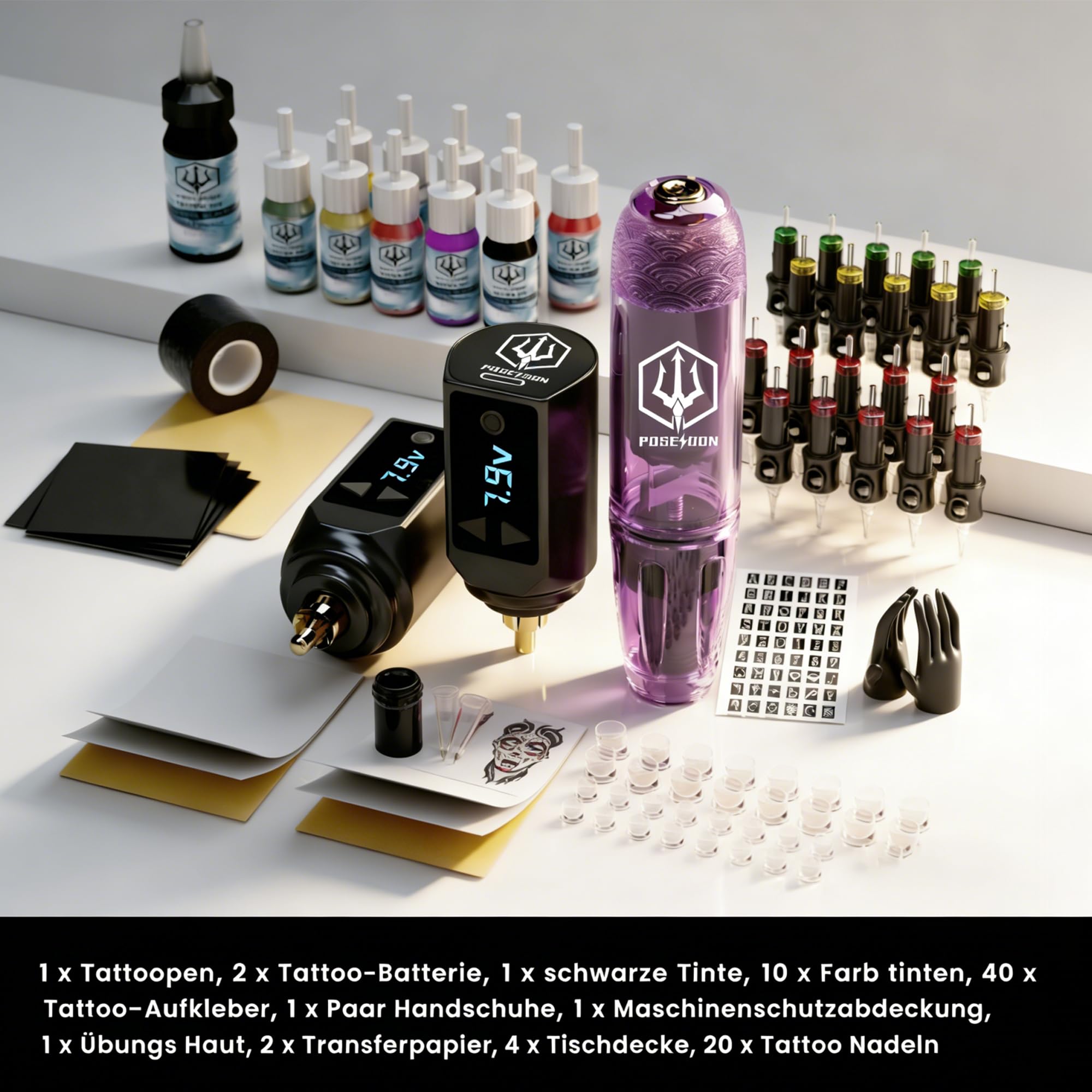 POSEIDON Kabelloses Tattoo-Pen-Set mit 2 langlebigen Akkus & komplettem Starter-Zubehör | Professionelle kabellose Tattoo-Maschine für Anfänger | Inklusive 20 Nadeln, Farben, Übungshaut