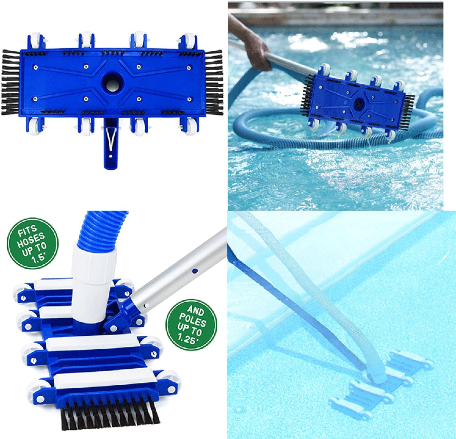 Pool Vacuum Head 14 Inch with Side & Bottom Brushes, Heavy-Duty Pool Vacuum Cleaner Replacement Accessory for In-Ground and Above-Ground Pools, Fits Standard 1.5 inch Pole (Pole NOT Included)