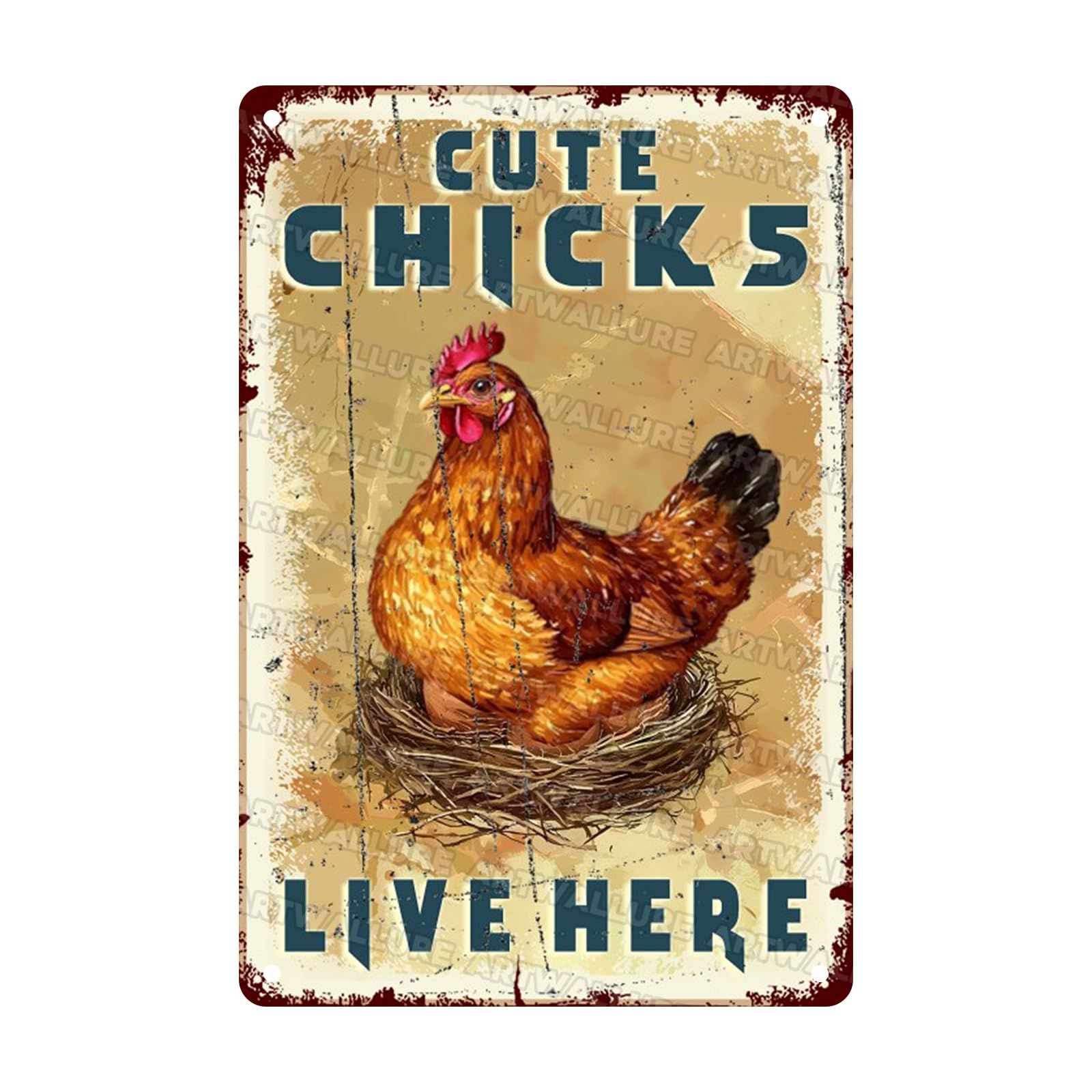 Funny Chicken Coop Sign “Cute Chicks Live Here” - Vintage Tin Metal Wall Decor for Farm, Garden, Hen House, Yard 8x12 Inch