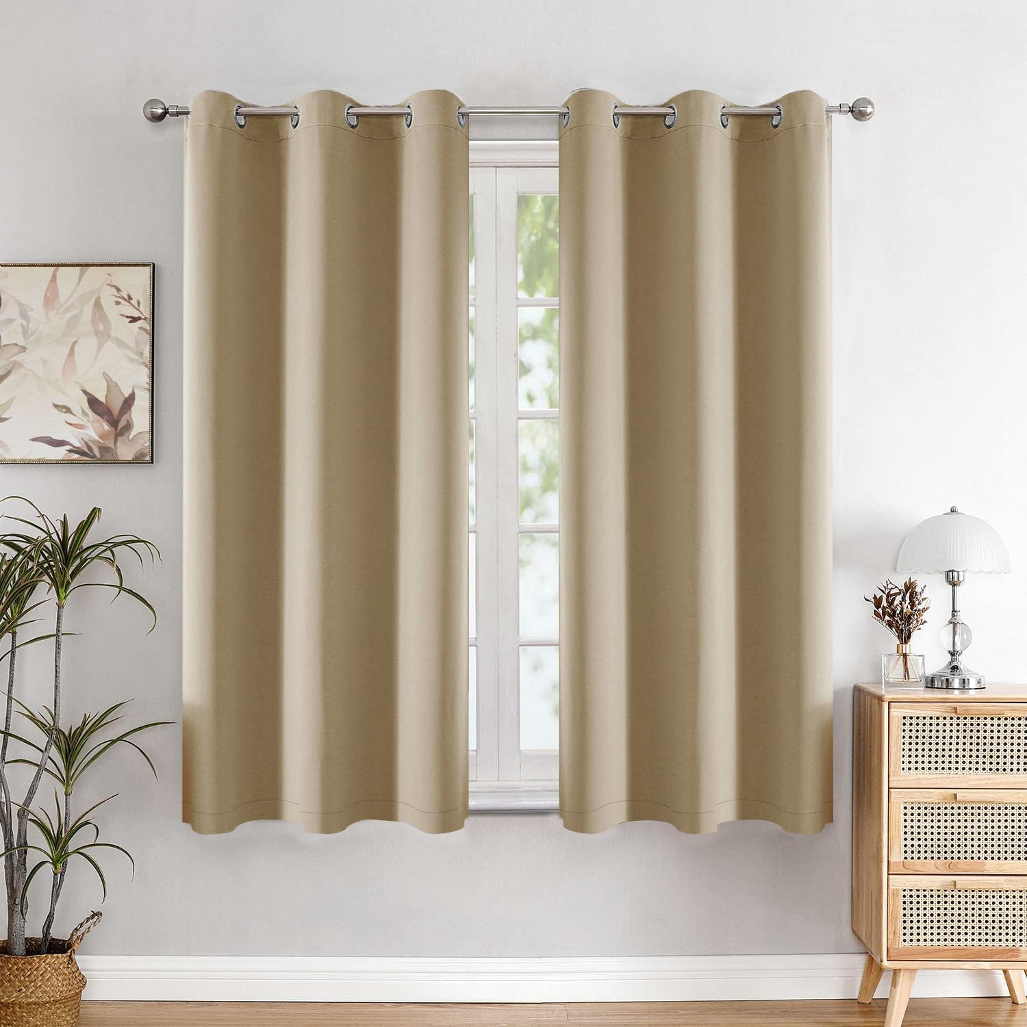 HOMEMONDE Solid Blackout Curtains 5 Feet Long Set of 2 - Thermal Insulated Curtains for Window, 70% Room Darkening Drapes for Living Room, Bedroom, 60 Inches, (Beige, 152.4 x 118 CM)