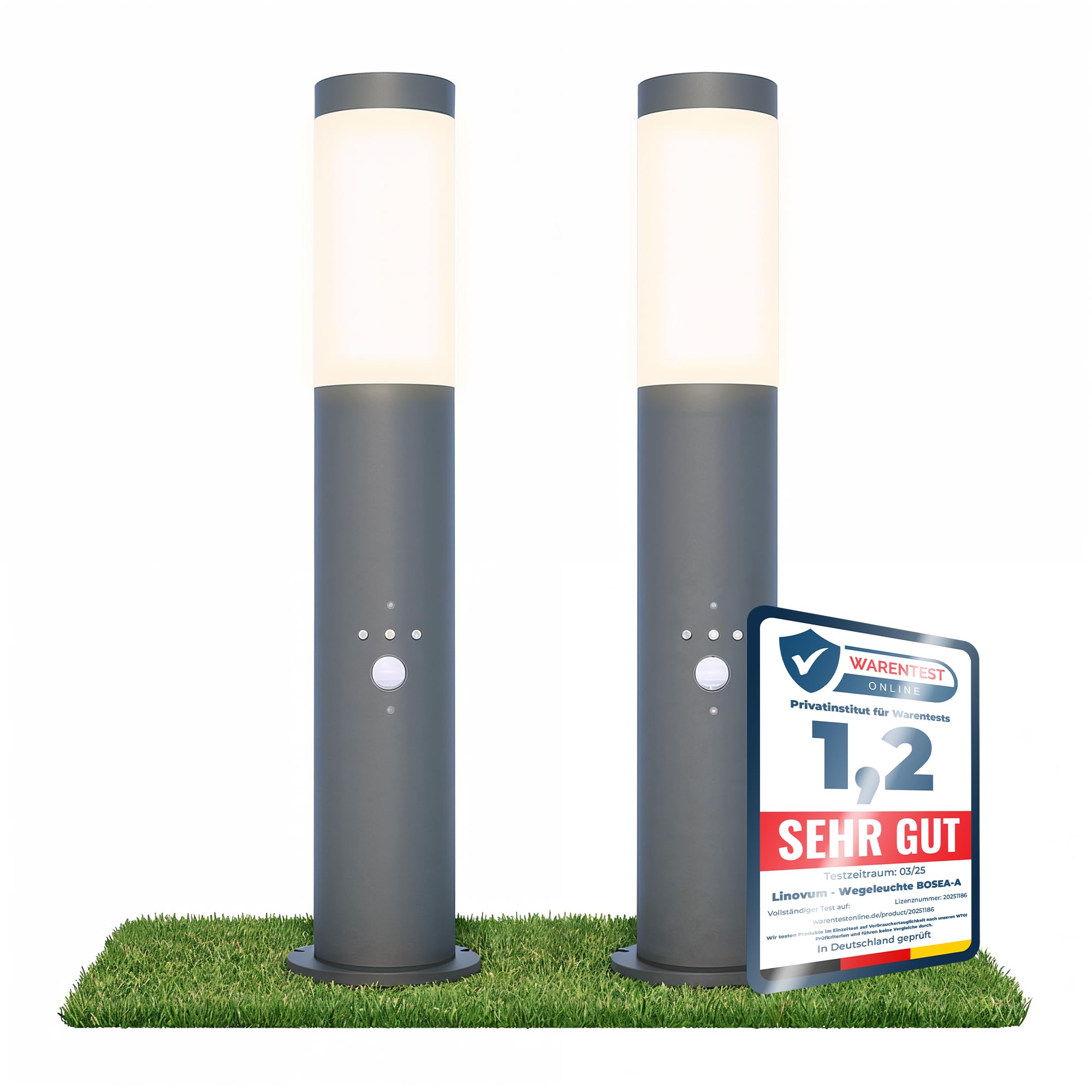 linovum 2x BOSEA-B Wegeleuchte mit Bewegungsmelder anthrazit - Standleuchte für E27 Pollerleuchte 50cm Gartenlampe IP44 Dämmerungssensor
