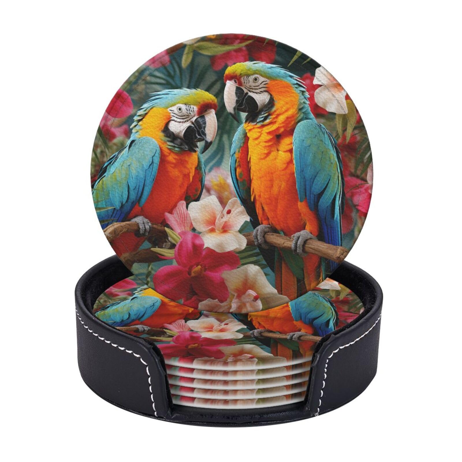 Drink Coasters with Holder Heat Resistant Leather Coaster Set of 6 Coffee Cup Mat Tropical plants and parrots Coasters for Drinks Round Tabletop Protection Cup Pad for Coffee Table Bar Home Decor