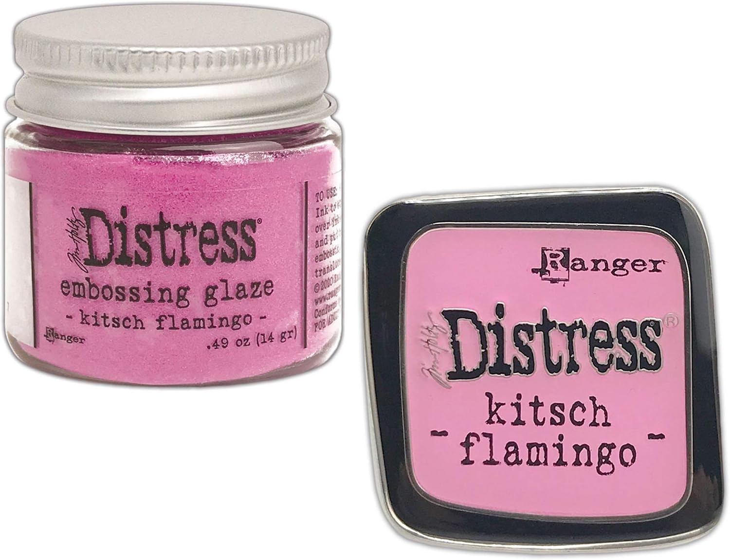 Tim Holtz Distress Kitsch Flamingo February 2021 Release, Distress Ink Pad/Reinker, Oxide Ink Pad/Reinker, Embossing Glaze, Flip Top Paint, Oxide Spray, Spray Stain, Collector Enamel Pin, 9 Items