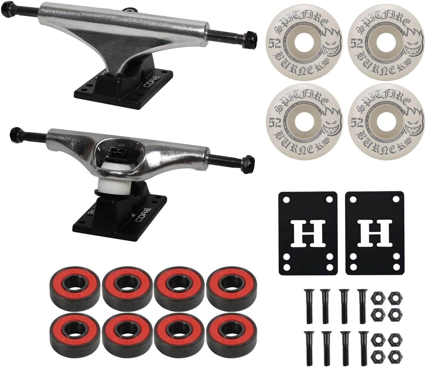 Core Hollow Lightweight Skateboard Trucks + 52mm Spitfire Burners Wheels, ABEC 5 Bearings, Hardware (Package to Complete a Skateboard Deck)