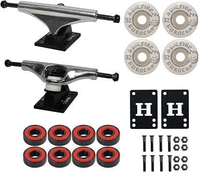 Core Hollow Lightweight Skateboard Trucks + 52mm Spitfire Burners Wheels, ABEC 5 Bearings, Hardware Package to Complete a Skateboard Deck