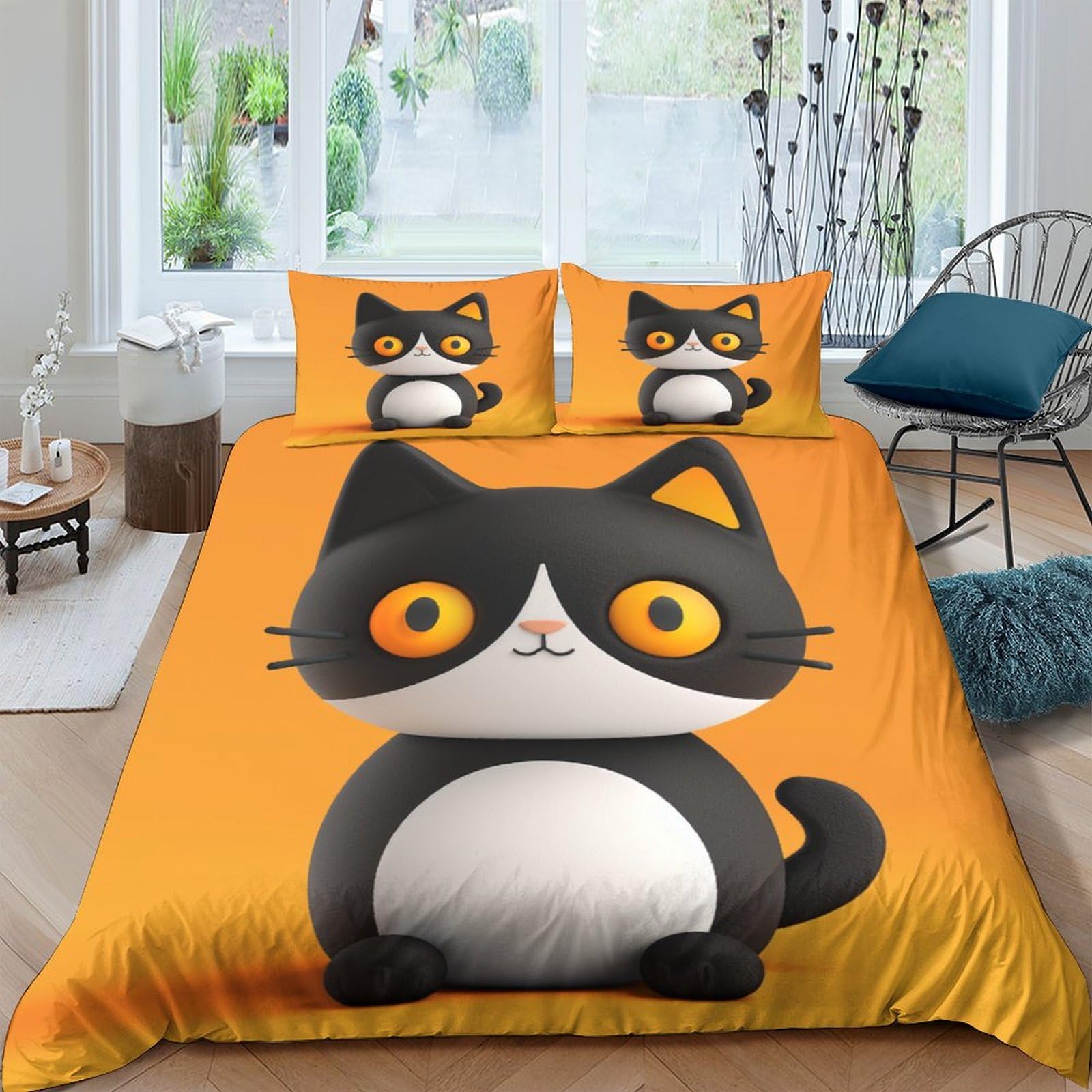 Housse de couette chat 200x200 cm avec taies d'oreiller en microfibre