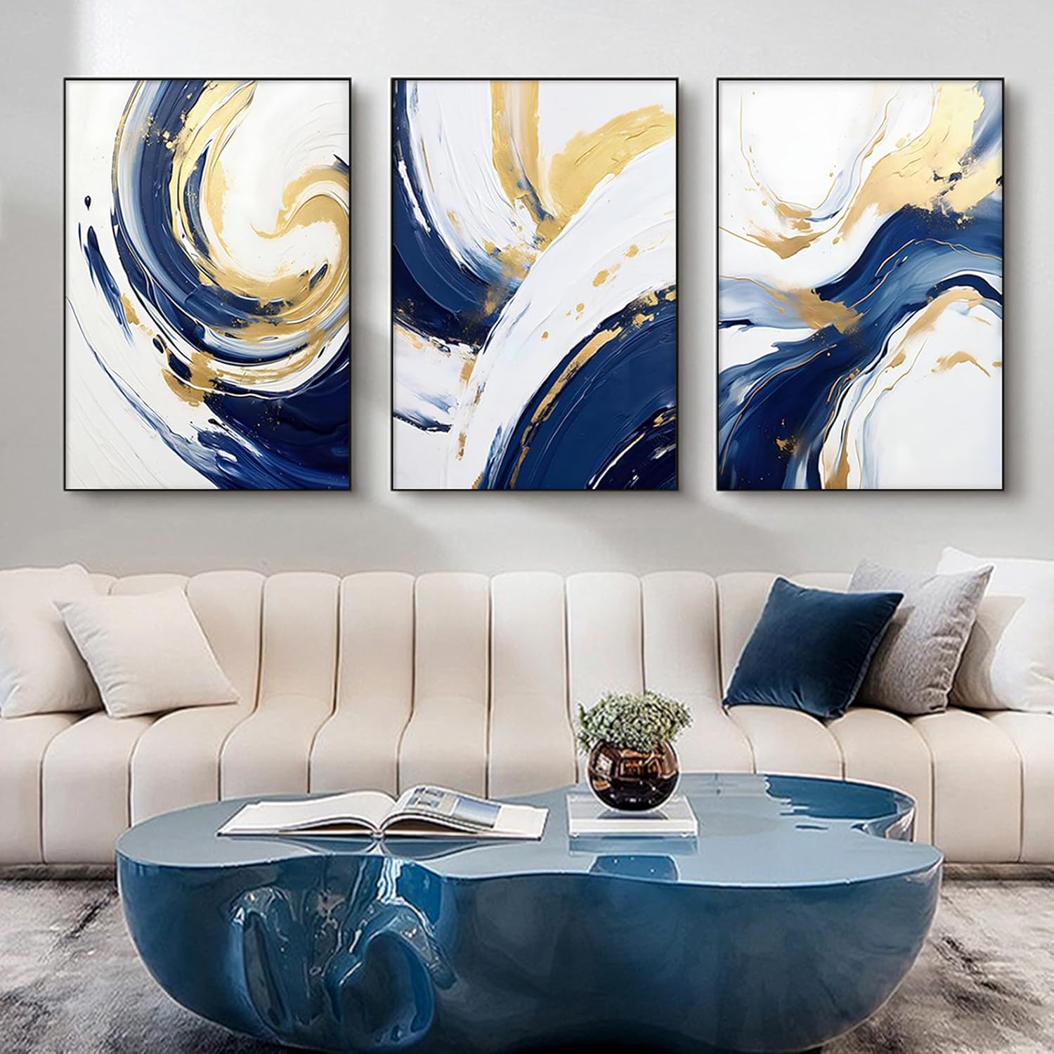 Blue Gold and White Abstract Wall Art Blue White Yellow Art