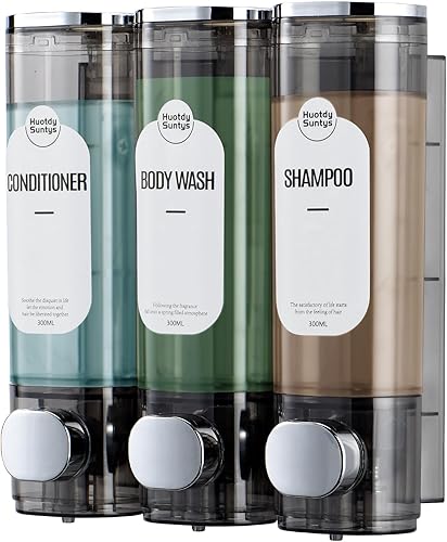 Dispensador de champú y acondicionador, dispensador de jabón de ducha, 3 cámaras, sin taladro, recargable, para montaje en pared, dispensador de