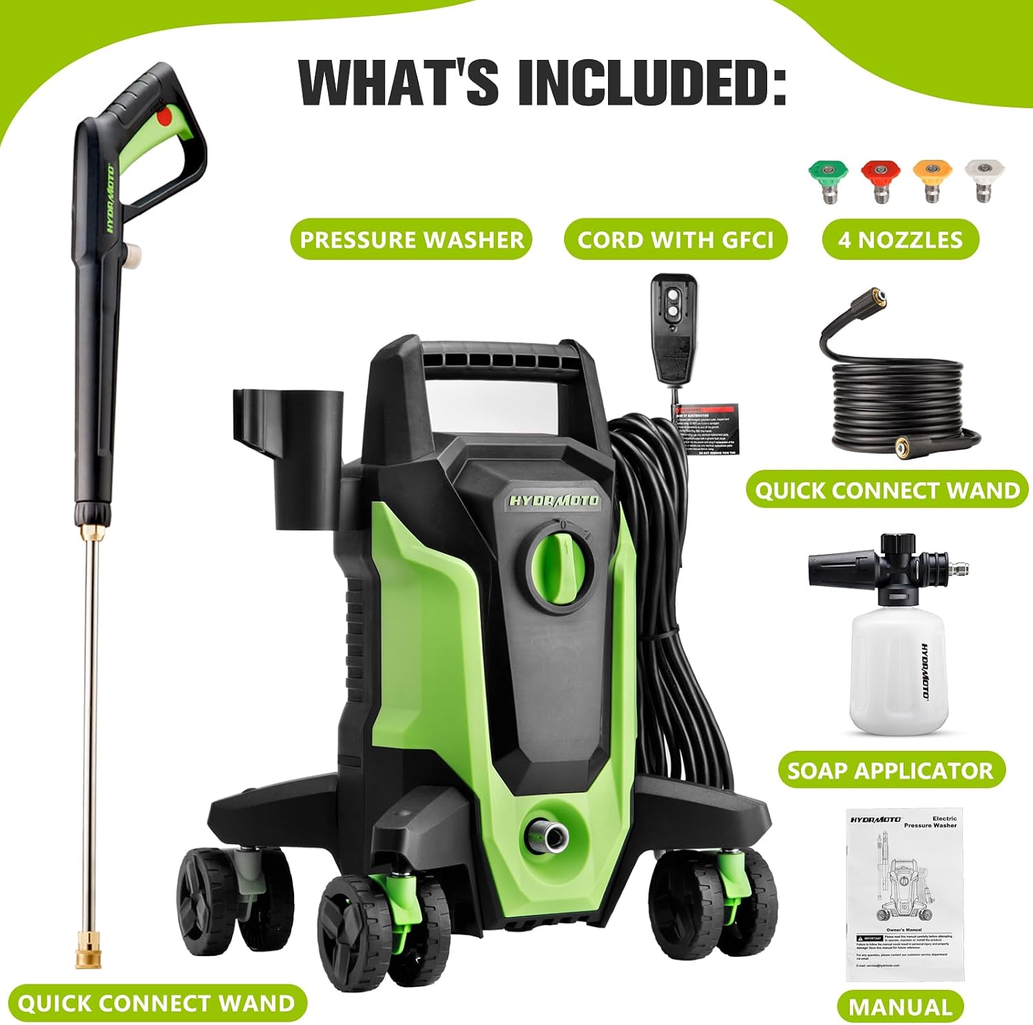 Electric Pressure Washer, 2500 PSI Max 1.8 GPM Max, 4 Lockable Swivel Wheels for Smooth Mobility, 4 Quick Connect Nozzles, Cleaner for Cars, Driveways, Fences, Patios & Household Cleaning