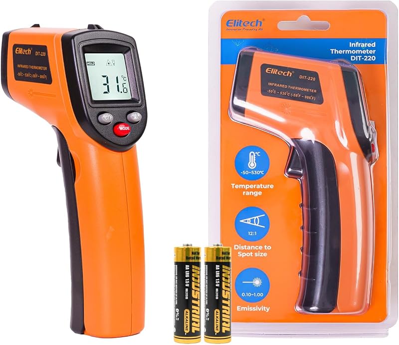 Laser Temperature Gun, Non-Contact Digital Infrared Thermometer, Adjustable Emissivity, Backlight, Handheld for Grill, Meat, Food, Candy, Automotive, HVAC Tools, -50~530°C(-58~986°F), DIT-220