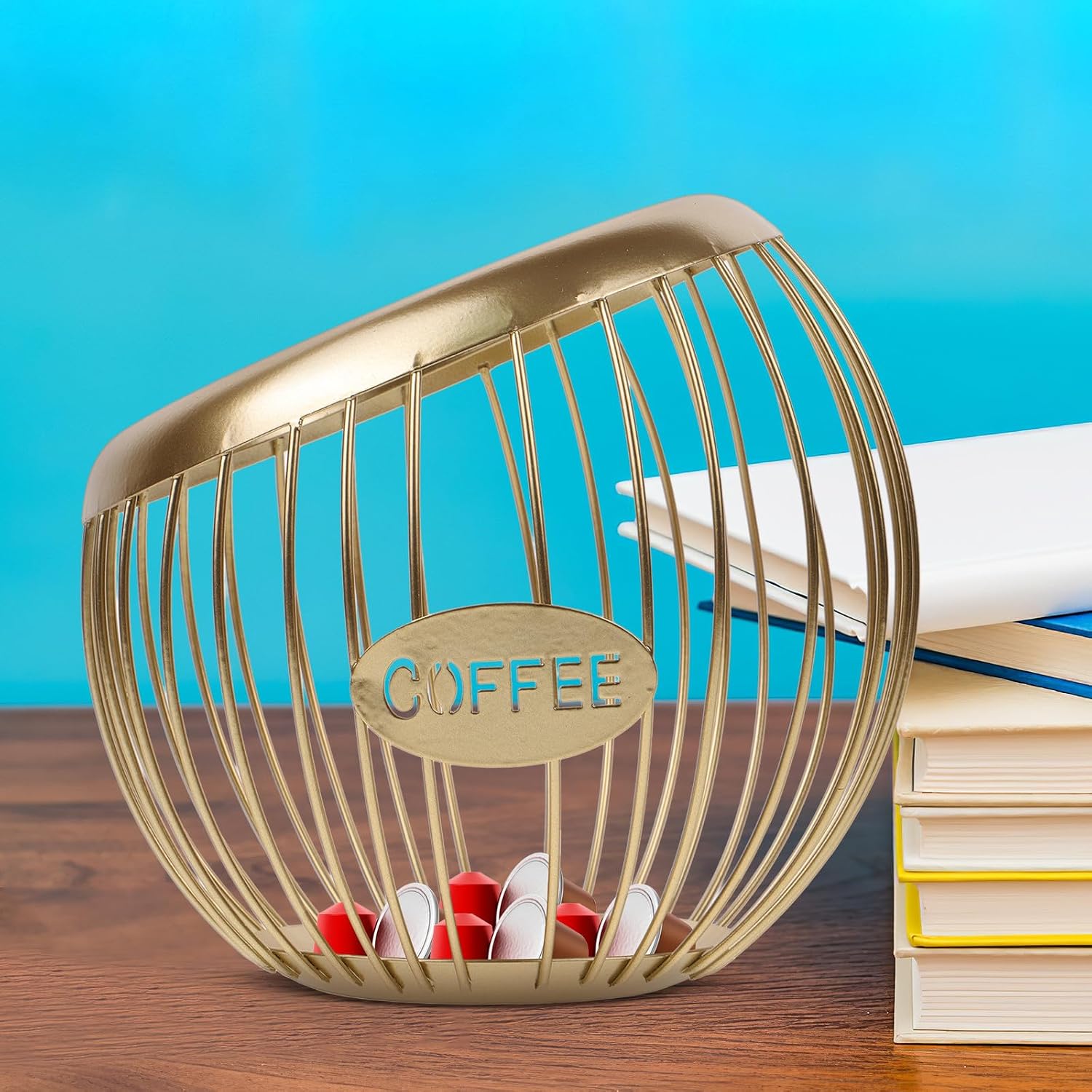 Golden Iron Coffee Pod Basket Organizer for Home Desktop and Café Counter Coffee Accessories Holder with Storage for Chocolates and Snacks Compact Bar Storage Solution