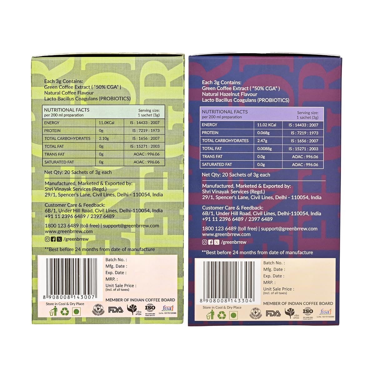 Greenbrrew Instant Green Coffee Combo, Natural & Hazelnut, 20 Sachets 2