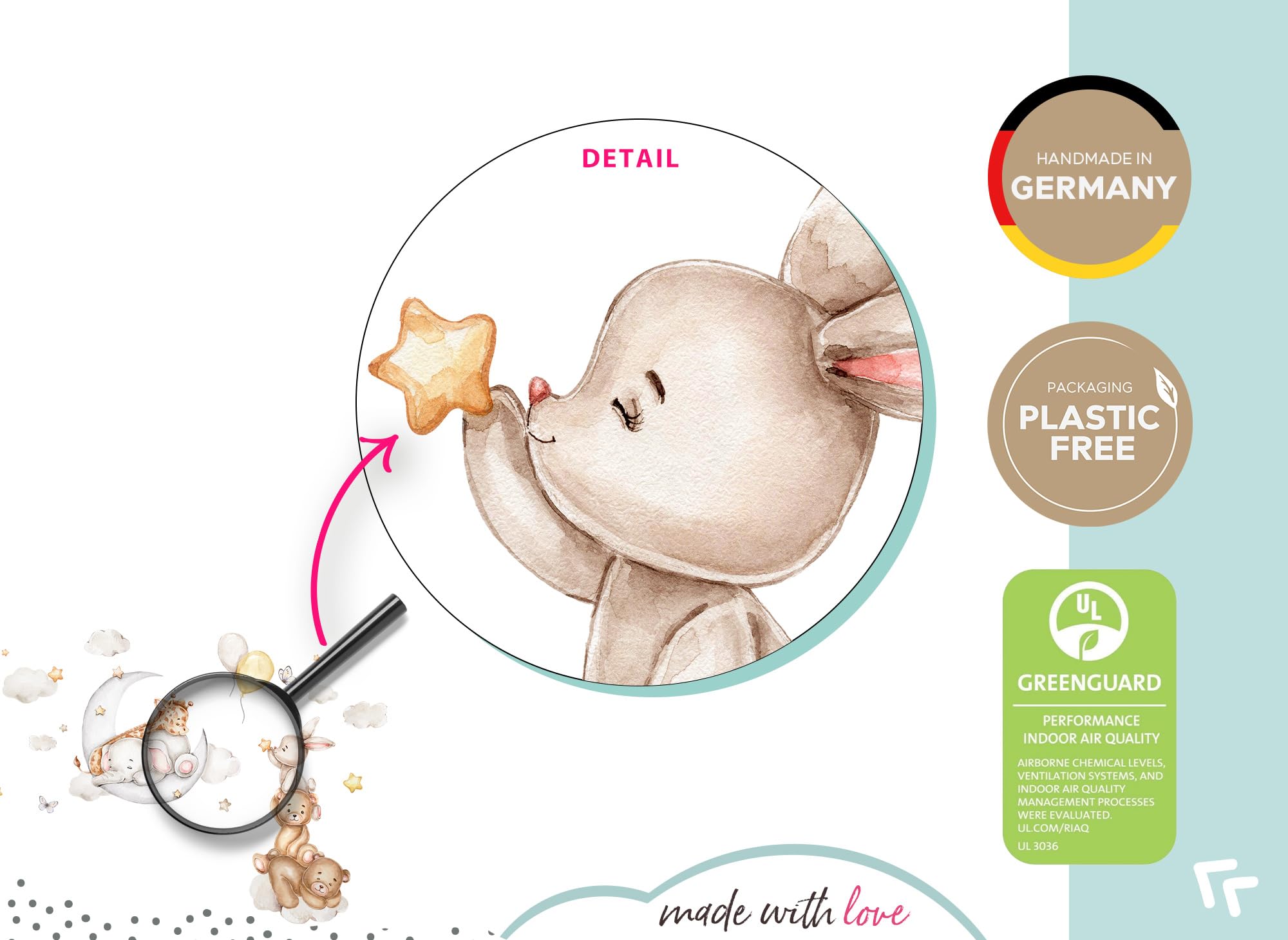 Little Deco DL5017-03 - Adesivo da parete con luna, animali, per la cameretta dei bambini, con palloncino e orso, stile bohémien, con elefante, coniglio, cameretta dei bambini, decorazione da parete
