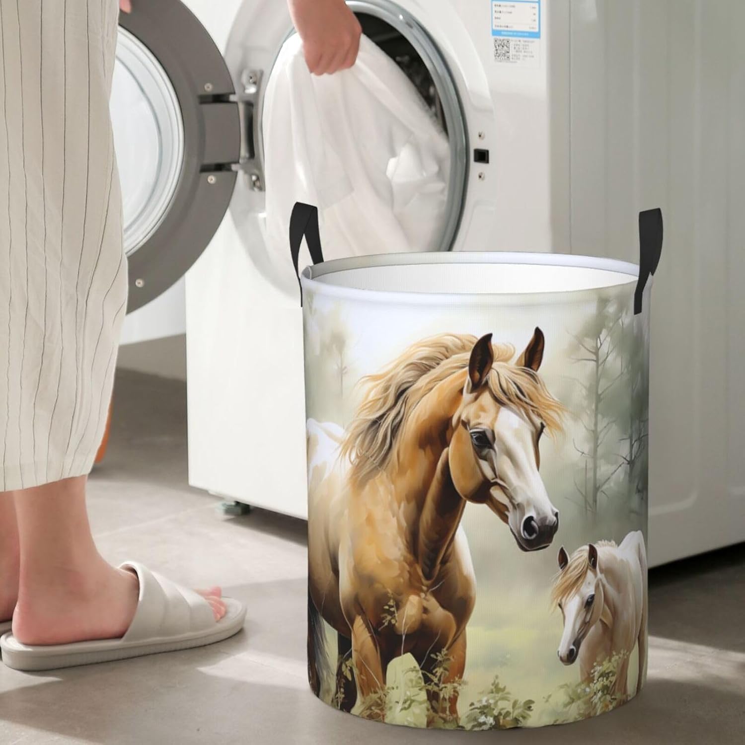 Laundry Hamper Round Laundry Basket with Handles Animals Embroidery Paintings Horses Laundry Hampers Waterproof Circular Hamper for Bathroom Storage Basket Dirty Clothes Hamper for Dirty Clothes