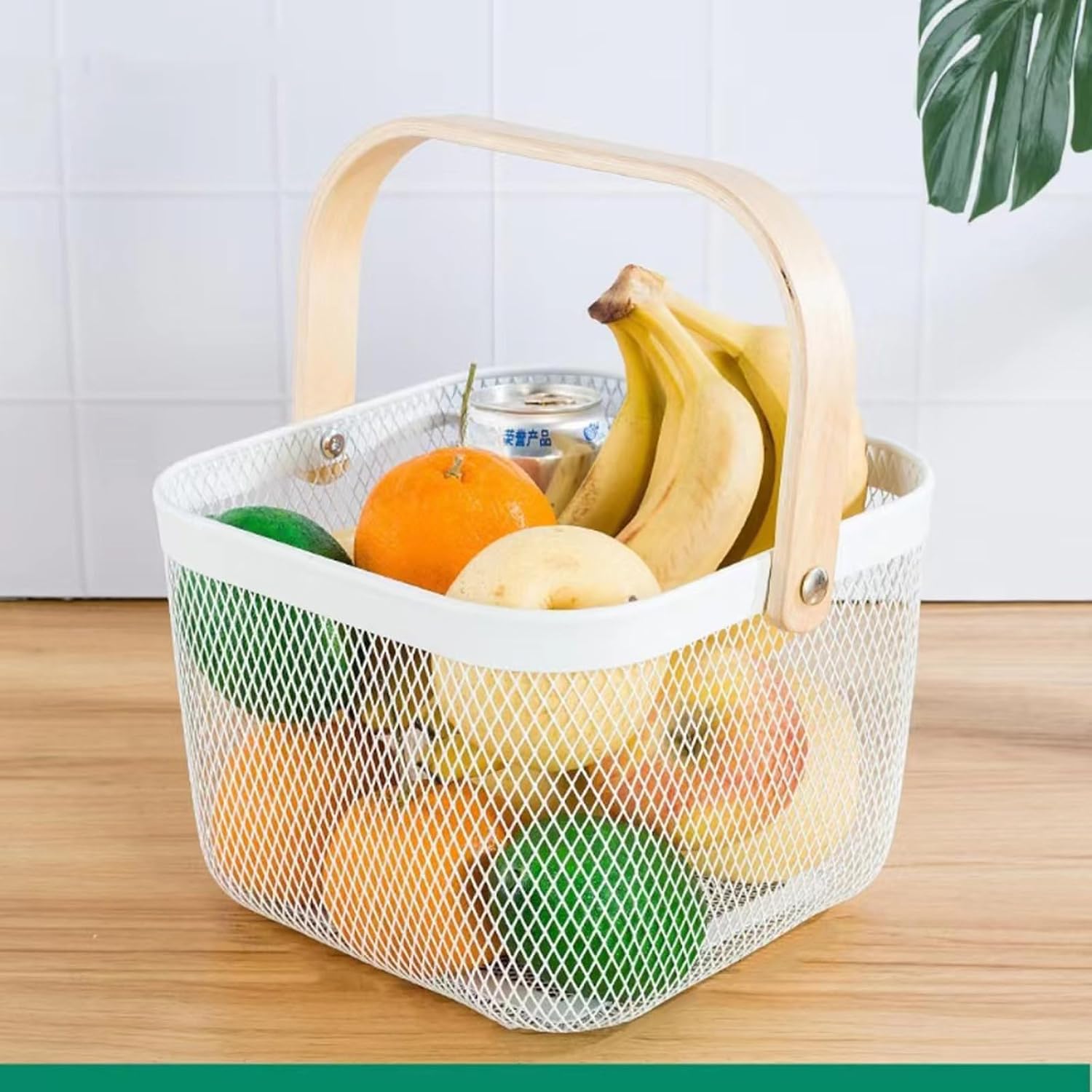 AJIODA Metal Mesh Wire Basket, Small Steel Basket with Wooden Handle Storage Organizer Basket Multi-functional Hanging Kitchen Baskets Fruit Baskets for Kitchen Bathroom Cabinet Pantry Snacks, White