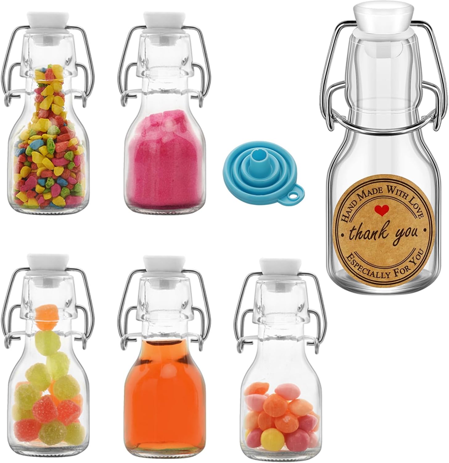 6Pcs White Lid 2 oz Mini Swing Top Glass Bottles, 60ML Mini Storage Bottles, with Lids Kraft Decoration,Small Glass Bottles,for Wedding Themed Party Favors (6)