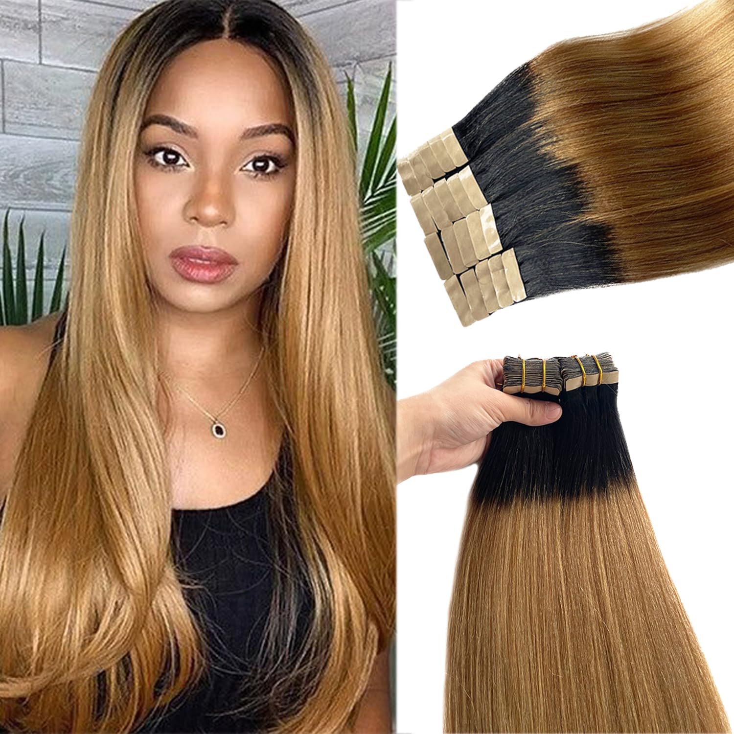 Yaki Straight 1B27 Tape in Hair Extensions Real Human Hair 24 Inch Light Yaki Invisible Human Hair Tape in Extensions Ombre Natural Black to Honey Blonde Tape ins Human Hair Extensions for Black Girls 24 Inch #TN/27 Yaki Straight