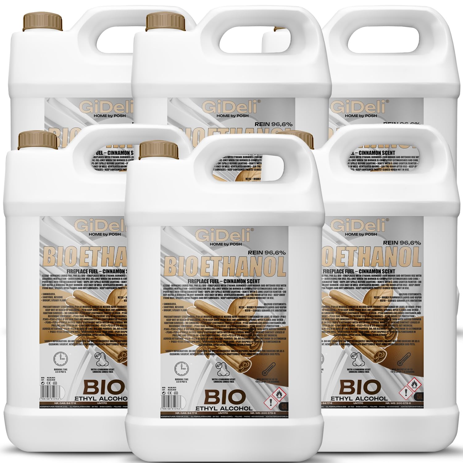 GiDeli Bioetanol 6 x 5 l con aroma a canela 96,6% etanol para chimeneas interiores y exteriores, sin humo ni hollín, de maíz y remolacha azucarera