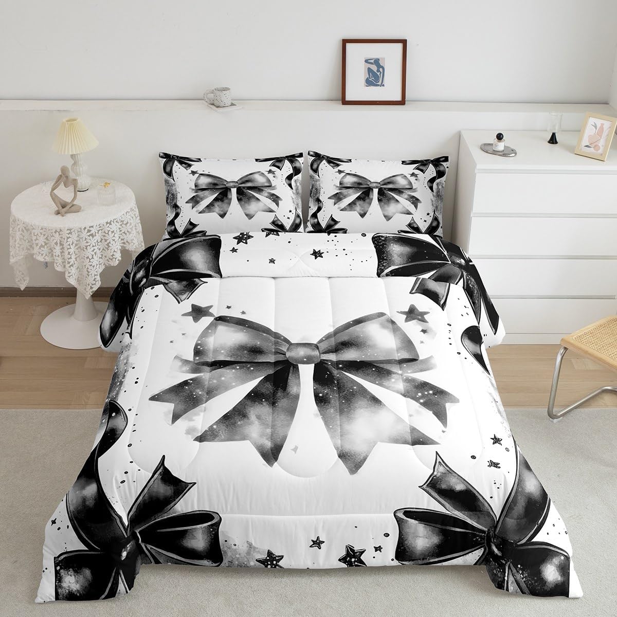 jejeloiu Women Girls Black Bow Comforter Set Kawaii Cute Bow Bedding Set Queen Size for Kids Boys Girls Princess Bowknot Comforter