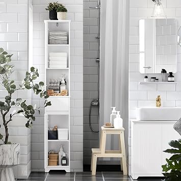 SoBuy Narrow Bathroom Storage Cabinet, Tall Slim Bathroom Organizers and Storage for Small Spaces, Freestanding Skinny Cabinet with Doors and Shelves for Tight Corners, White BZR109-W