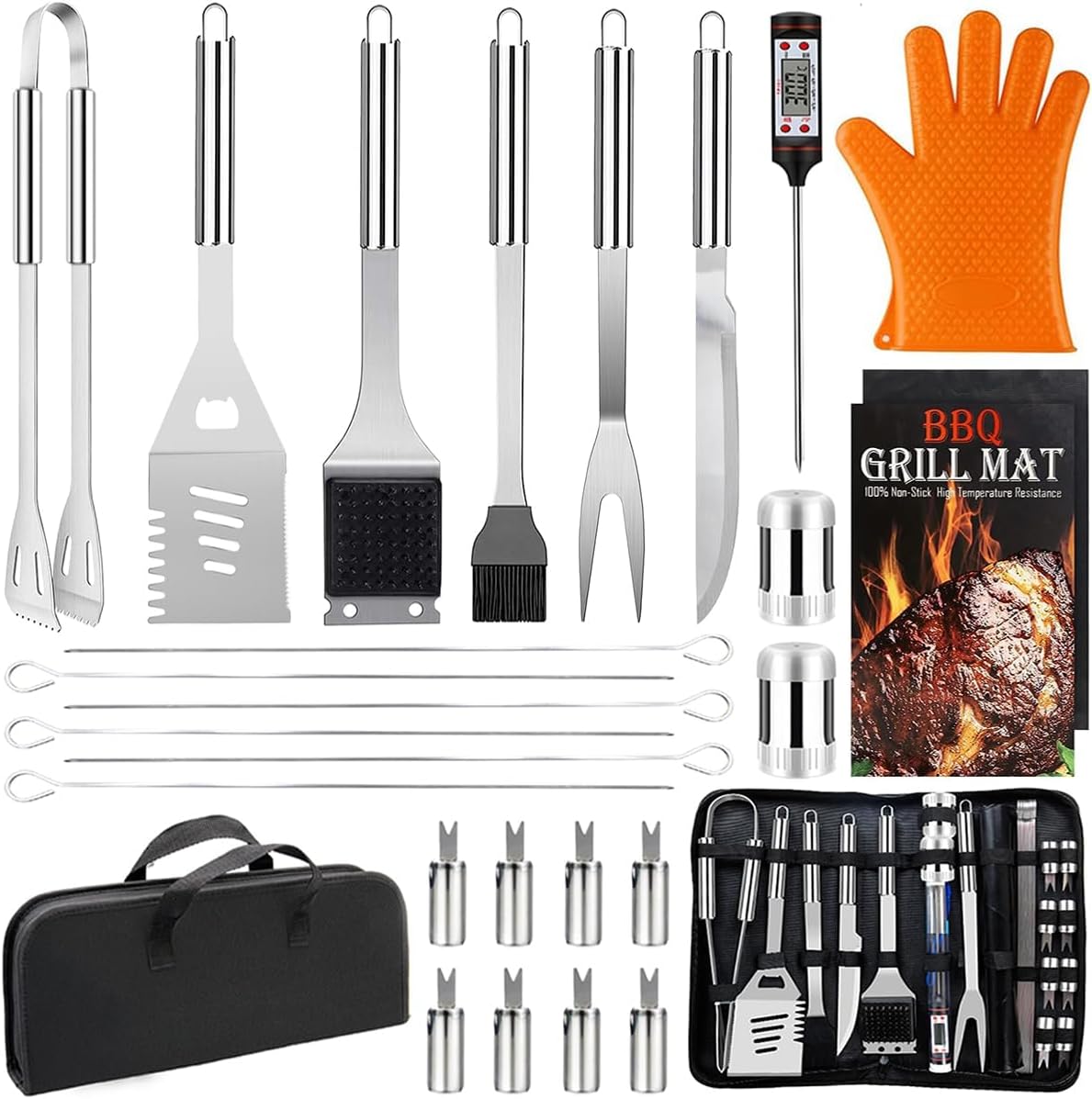 28PCS Stainless Steel BBQ Grill Accessories Set, Grilling Gifts for Men Birthday Father's Day, Portable Multifunction Grilling Utensils Tools Kit with Storage Bag for Outdoor Grill Camping BBQ Party