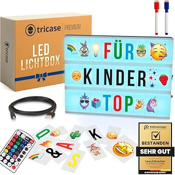 Test Winner LED Lightbox with Letters - A4 Light Box with Colour Changing Mega Set including 173 Letters 85 Coloured Emoji 1.5 m USB Cable Power Supply Remote Control with Dimmer Perfect Decoration Gift