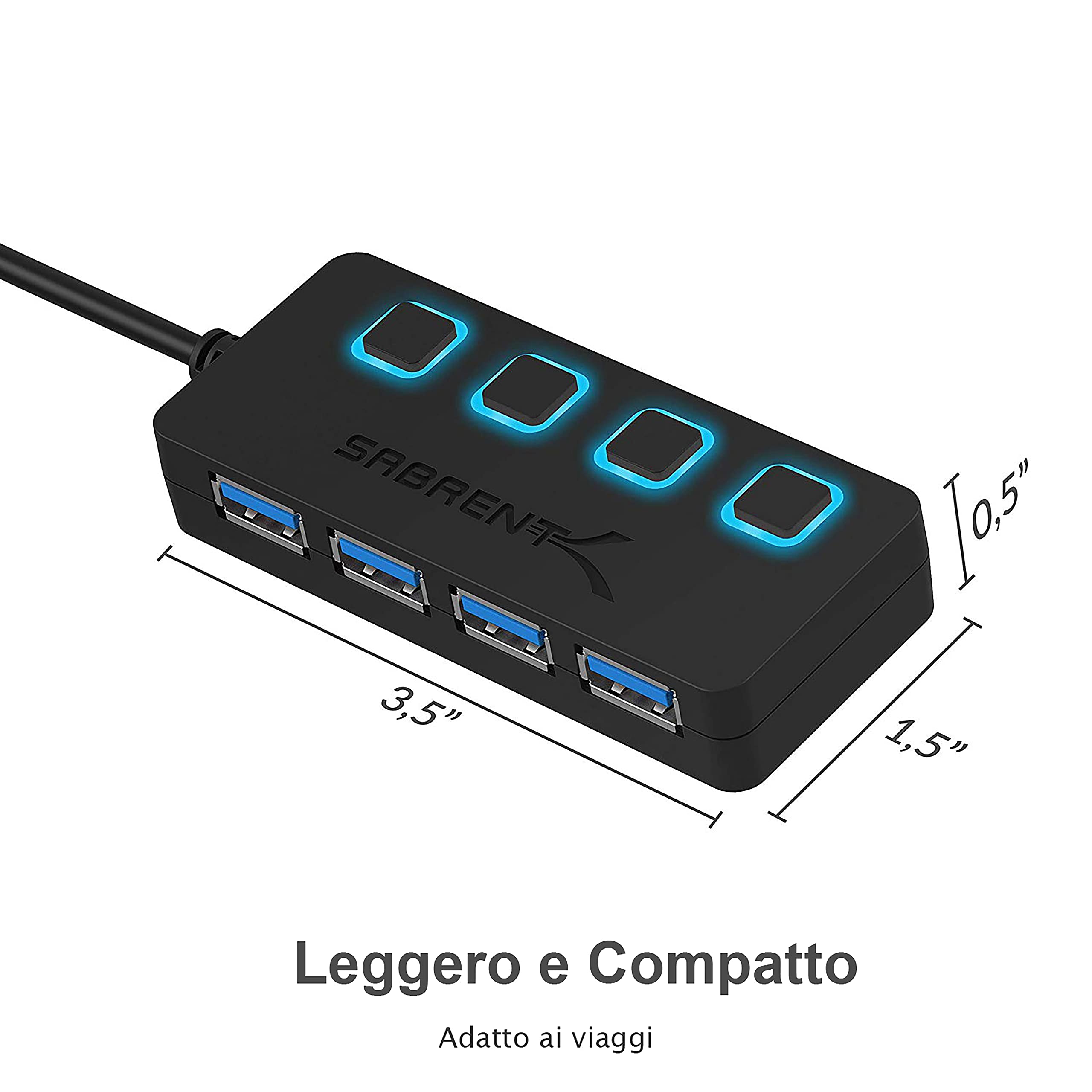 SABRENT Hub USB 3.2 Gen 1 [4 porte], Ciabatta Multipresa USB, Sdoppiatore USB, Singoli Interruttori ON/OFF e Spie LED con Alimentatore, per PS4/PS5, PC, Laptop, Chiavetta USB (HB-UMP3)