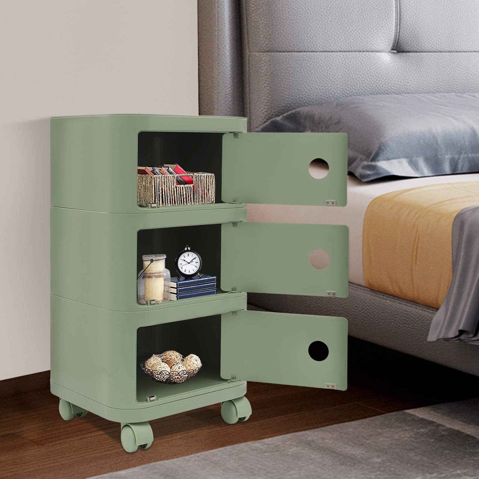 Caisson de rangement à roulettes, Caisson de rangement avec 3 tiroirs, Classeur sous le bureau, Classeur à roulettes pour le bureau et la maison (Vert Matcha)