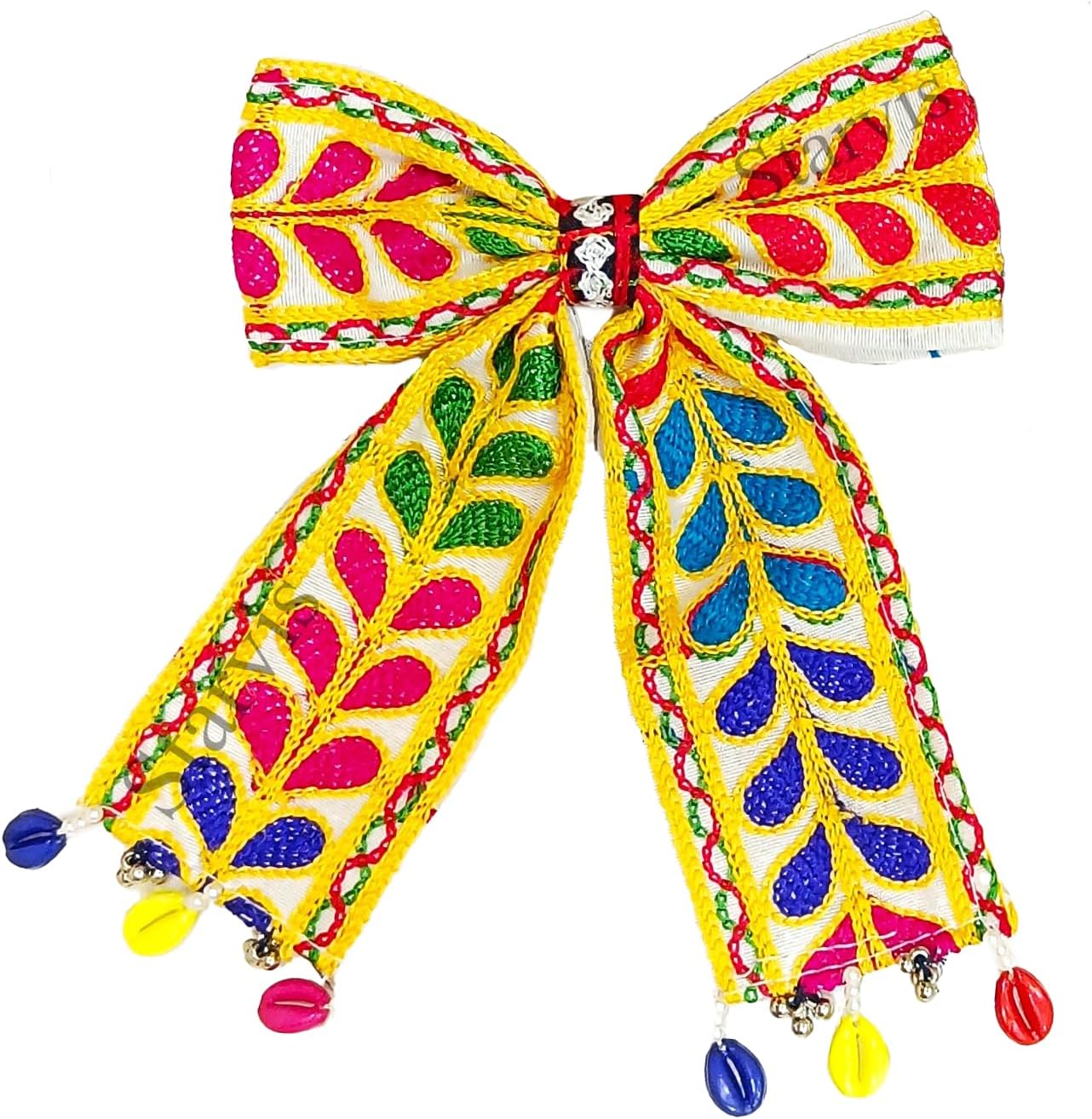 Starvis Navratri Special Hair Accessories Bow Tie Hair Bow Clip โ Traditional Embroidered Bow for Women & Girls, Festive Hair Accessory for Garba, Dandiya, and Indian Ethnic Wear Hair Clip with Shell Dandiya Night For Women