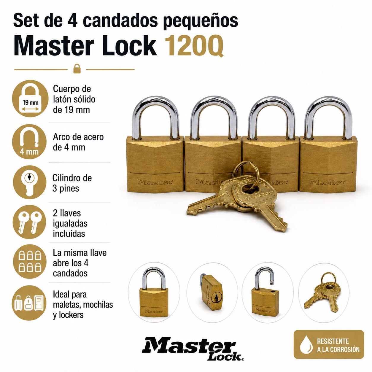 Master Lock Padlock, Solid Brass Lock, 3/4 in. Wide, 120Q (Pack of