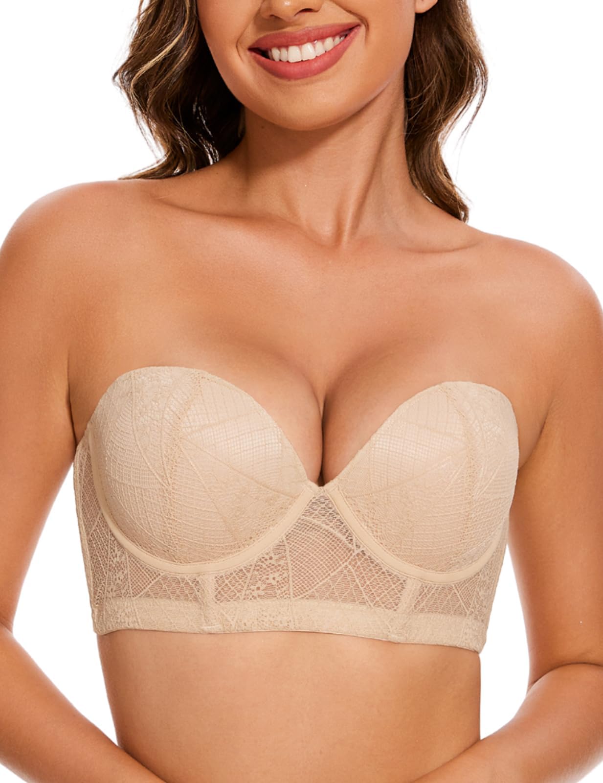 Upushall Longline Strapless Push Up Bras for Women Ultra Padded Uplift Multiway Lace Corset Bra with Underwire Support Nude 40B