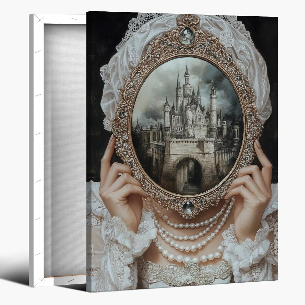 Heltrappe Victorian Art Aesthetic Poster Woman with Mirror Print Baroque Wall Art Dark Academia Decor Renaissance Art Dark Moody Antique Art wall decor for living room Gallery Framed12x18inch