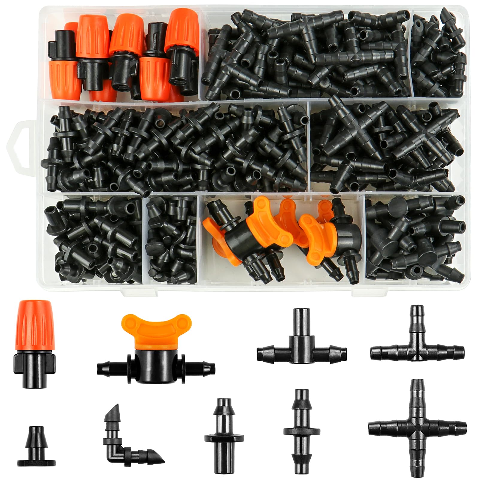Gardrip Kit de accesorios de riego por goteo de 280 piezas para tubos de 1/4 pulgadas: conectores de púas para sistema de goteo Gardrip de 1/4 pulgadas (boquillas, boquillas en T, válvulas, púas