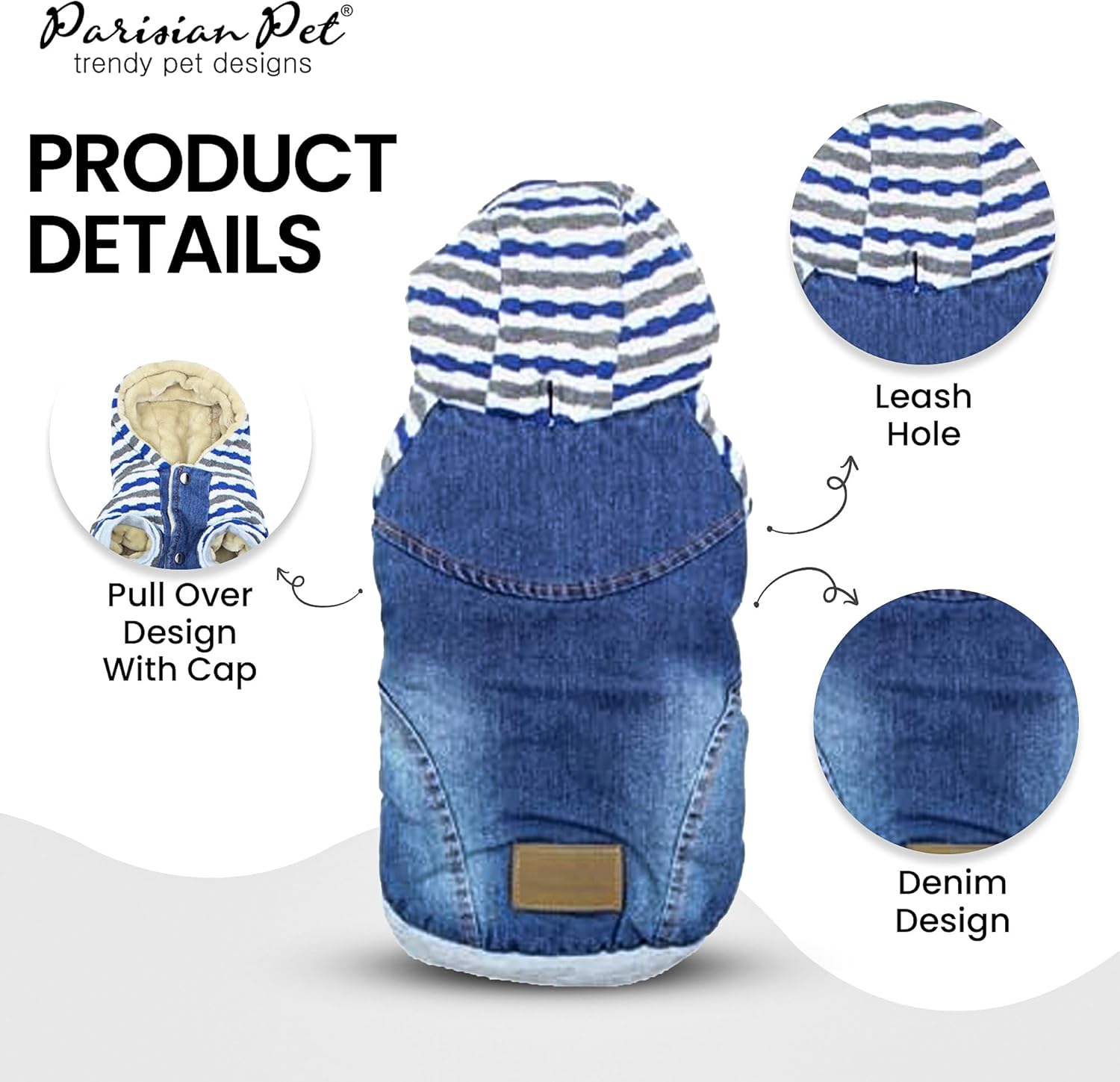 Parisian Pet Basic Dog Hoodie - Lightweight Denim Striped Sweatshirt With Leash Hole and Pockets - Blue Cotton Clothes for Medium Dogs - M