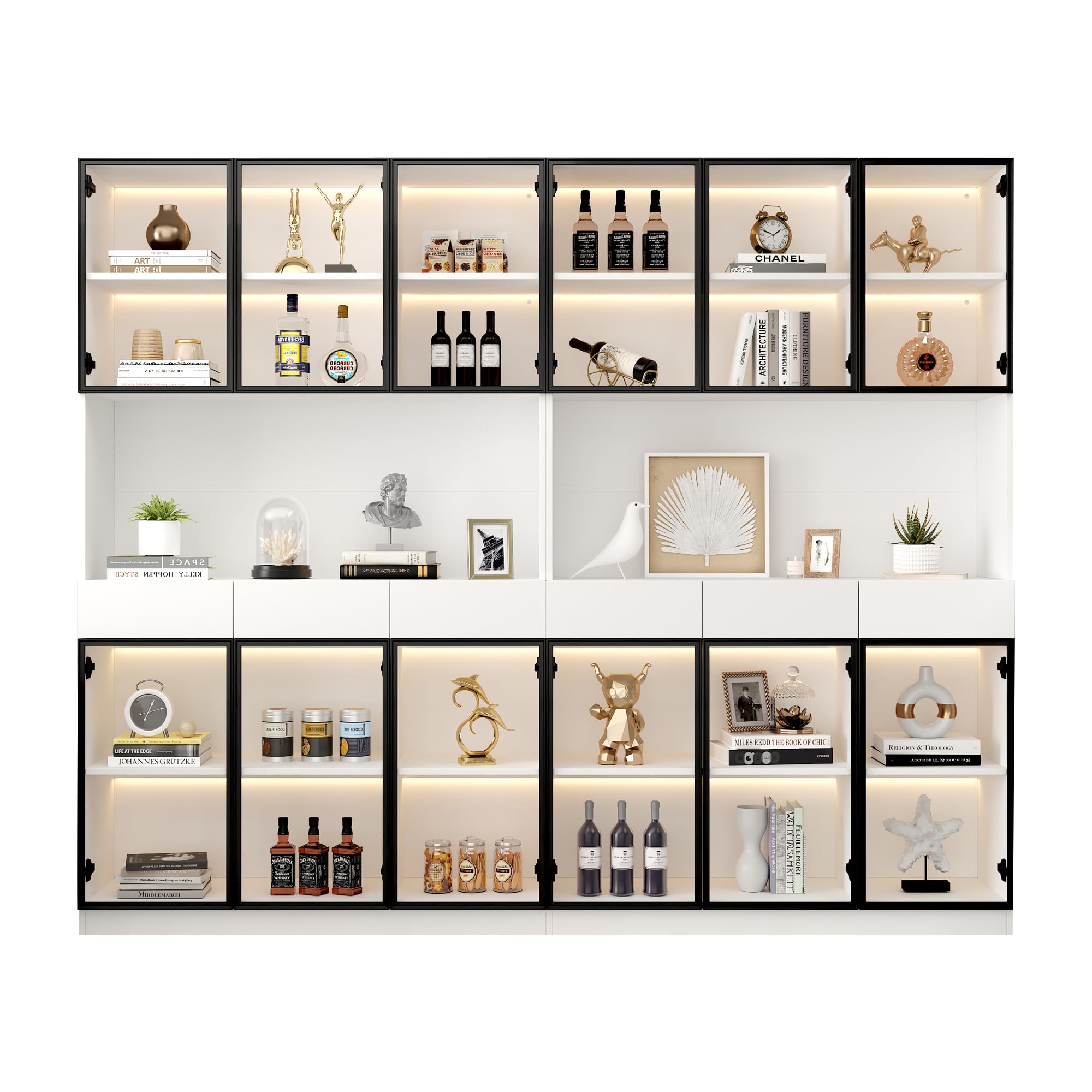 Kebnor Anta in vetro, altezza 200 cm, vetrina bianca con luci a LED, libreria multiuso per collezioni, camera da letto, soggiorno, ufficio, telaio porta bianco-nero